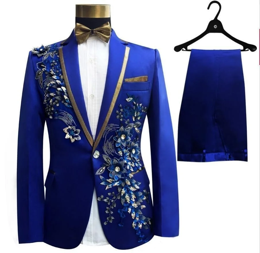 Pink Tuxedo Jacket +pant Beads Suit Mens Stage Wearmens Tuxedos Wedding Plus Size 4XL Pink Royal Blue White Black Red Groom Suit