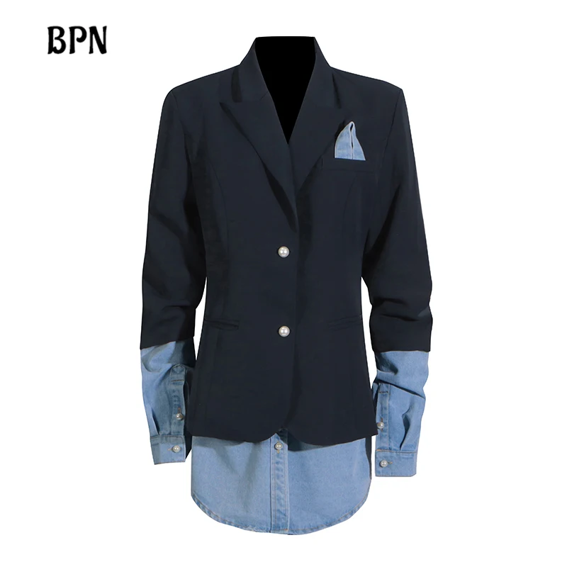 

BPN Patchwork Denim Slimming Blazers For Women Notched Collar Long Sleeve Spliced Button Minimalist Casual Blazer Female Style