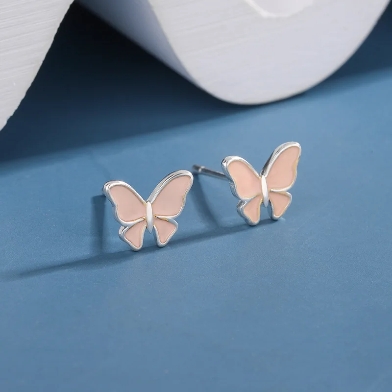 

New Fashiona Simple Cute Pink Butterfly 925 Sterling Silver Personality Compact Earrings E111