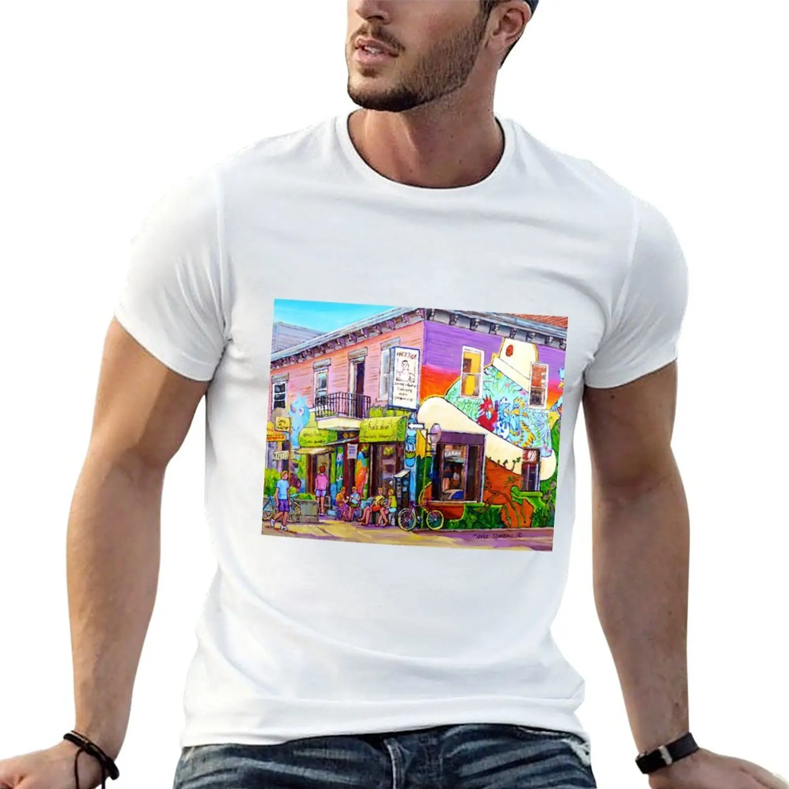 

OUTDOOR CAFE CHEZ JOSE MONTREAL SUMMER STREET SCENE T-Shirt t shirts for man pack white funny t shirts dark humor T-Shirt