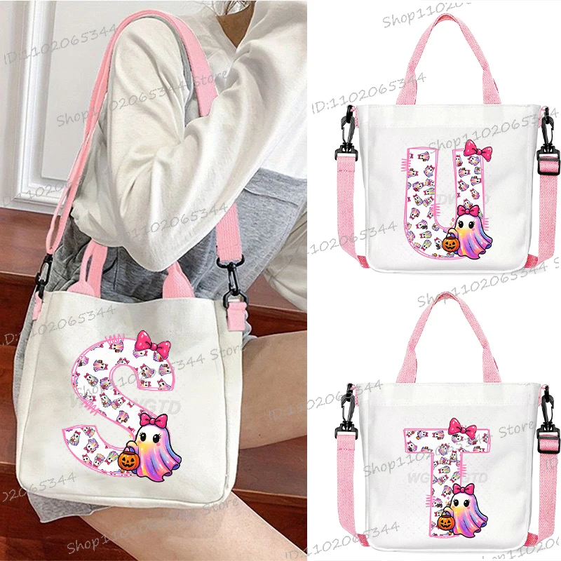 

Halloween Ghost Alphabet Crossbody Bag Vintage Cartoon Messenger Bag Women Student Girls Fashion Casual Square Handbags Gifts