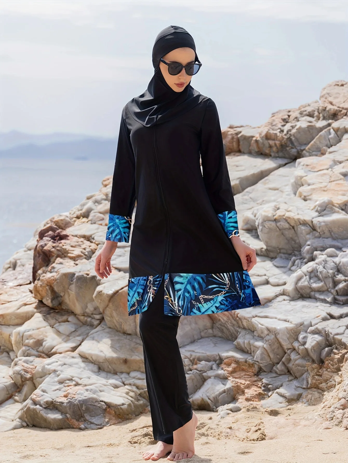 3‑Piece Modest Muslim Swimsuit Burkini Long Sleeve Full‑Coverage Floral Print Trim Conservative Bathing Suit Beach Pool Swimwear