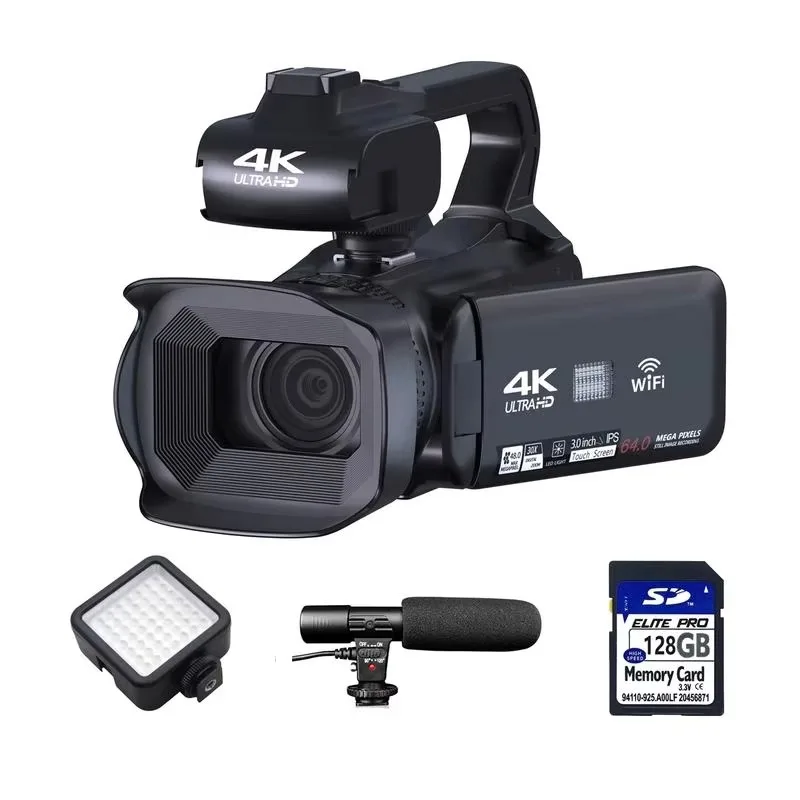 【Industrial】Digital Camcorder 18X Zoom W/ Mic & Fill Light, 1080P/4K Video Camera Recorder Kit + Lens Hood + 128GB SD Card