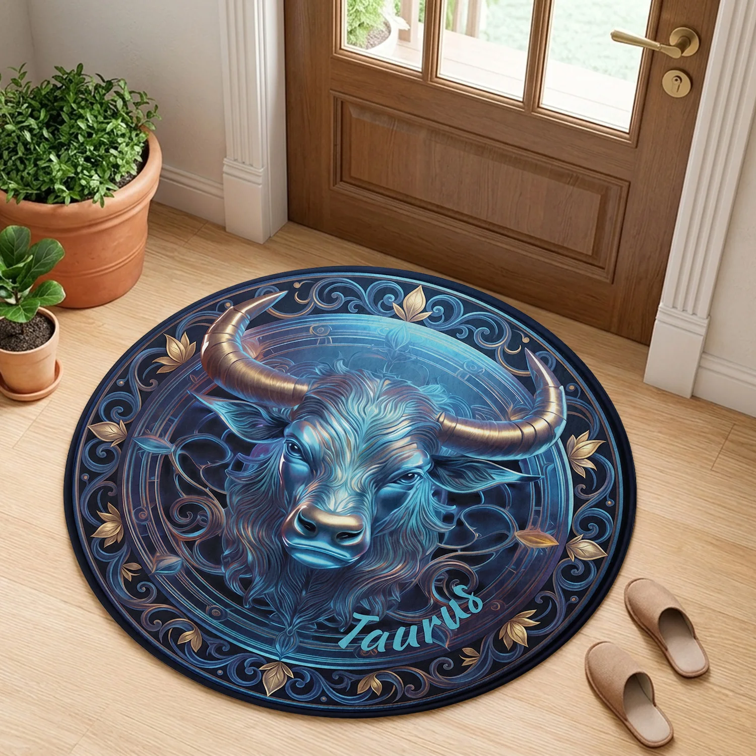 Taurus Zodiac Sign Bull Head Astrology Metallic Blue Gold Vintage Pattern Round Mat Area Rug Home Decor