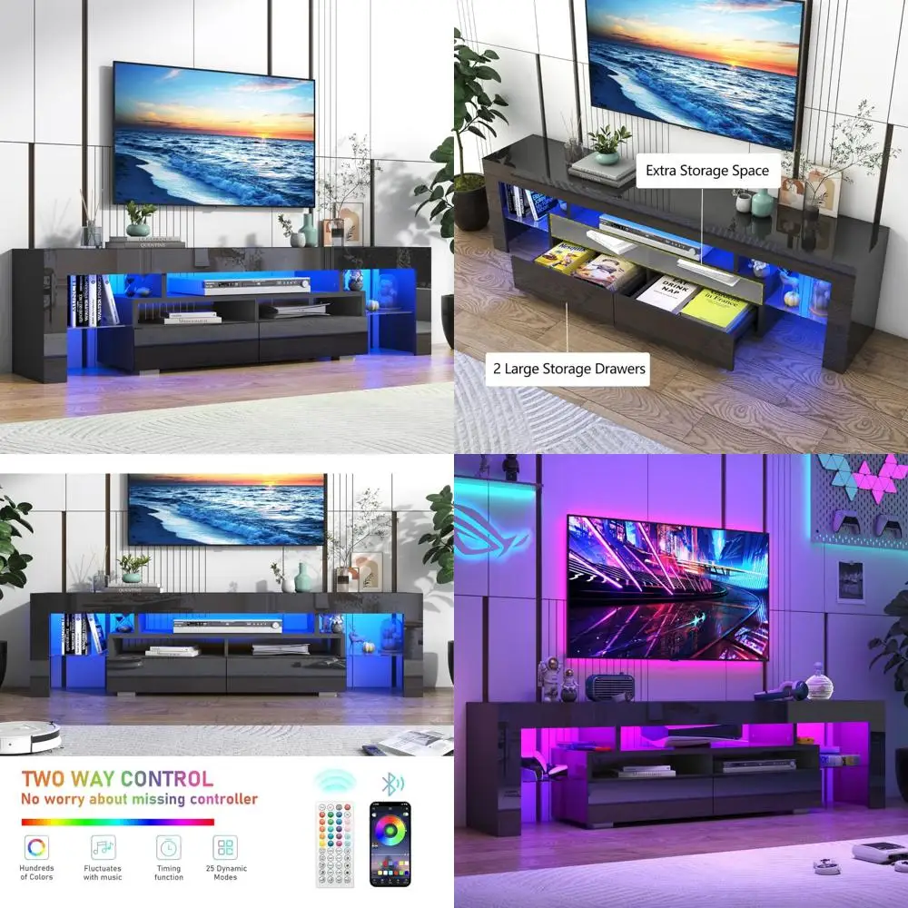 Modern High Glossy TV Stand for 55-65 Inch TVs, Vinctik 6 & Fox Black Entertainment Center with Storage Drawers and LED Lighting