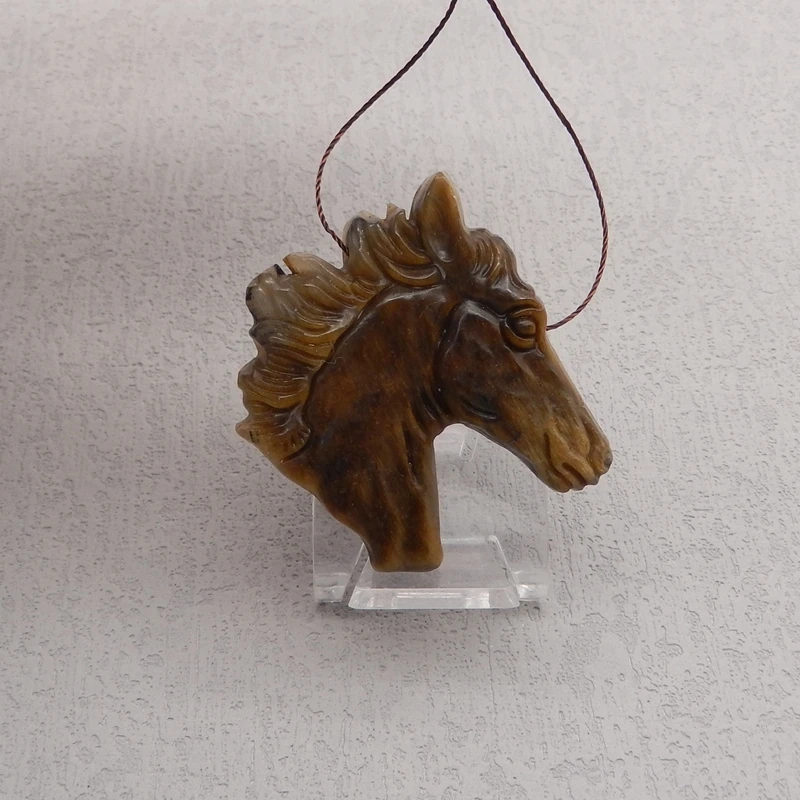 Natural Stone Tiger-Eye Pendant Bead,Carved Horse Head Animal Pendant Fashion Jewelry Necklace Accessories 48x49x8mm 22g