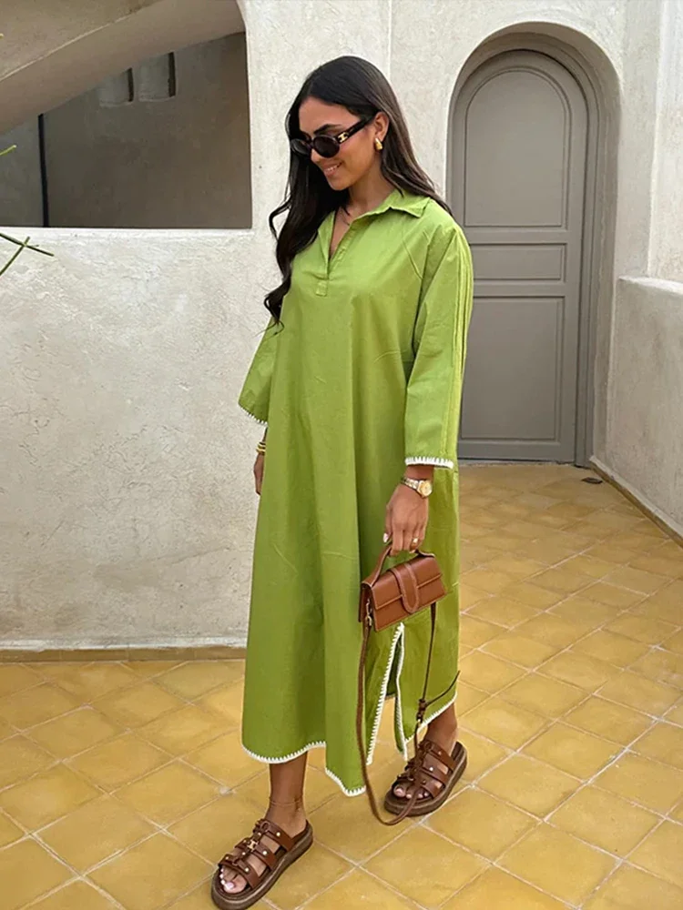 

Elegant Abaya Womem Loose Lapel Long Sleeves Side Split Robe Female Cuff Embroidery Contrast Fashion Solid V-neck Dress Lady
