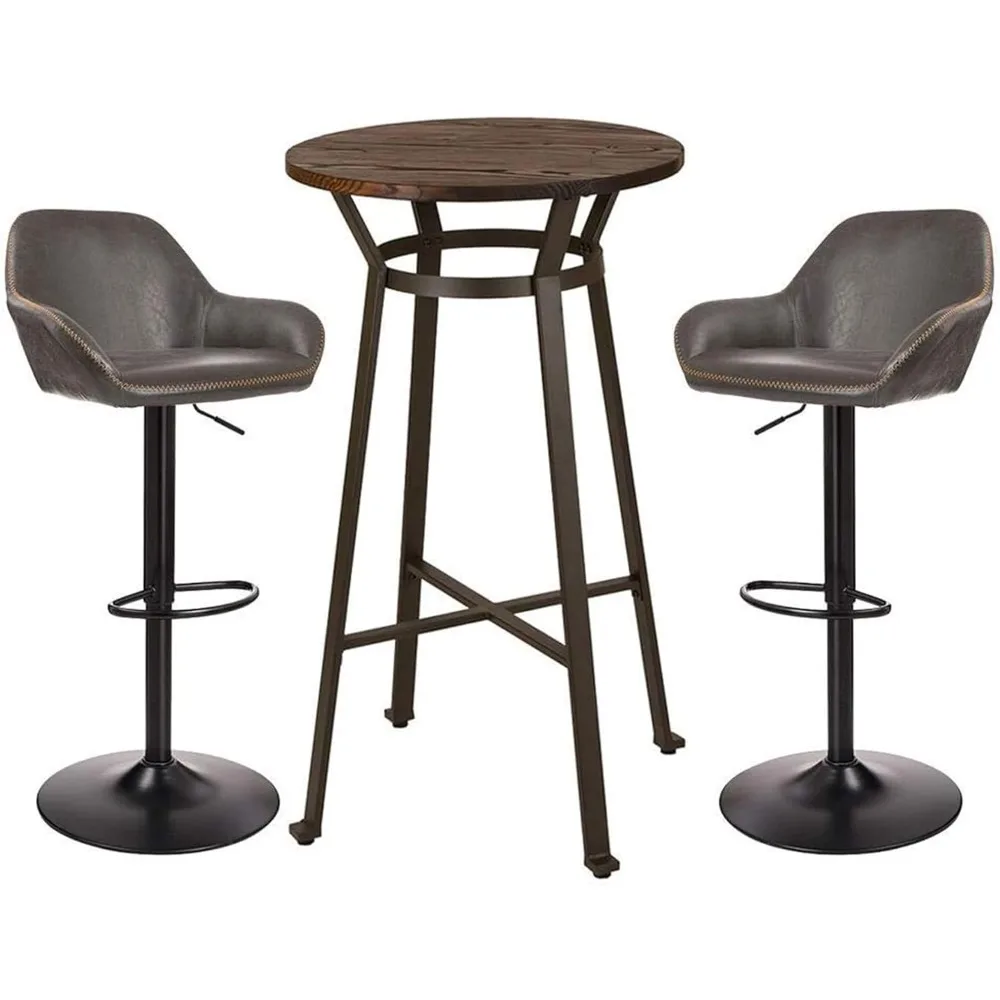 

3 Piece Pub Table and Chairs Set, Round Rustic Bar Height Top Table and Adjustable Swive Grey Bar Stools for Kitchen Bistro Din
