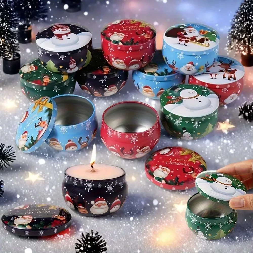 10 Pcs Festive Christmas Candle Jars - Metal Tin Boxes, 2.2oz, Perfect for Candle Making, Decorations, Party,(Random Style)
