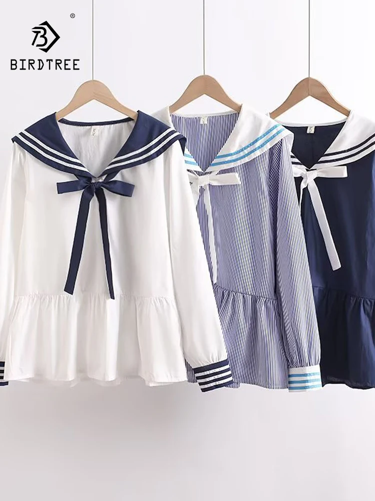 

Новая женская хлопковая рубашка с длинным рукавом на весну 2026 года, с матросским воротником, в полоску, с бантом и шнуровкой, в японском стиле Mori Girl, свободная блузка T63782CC