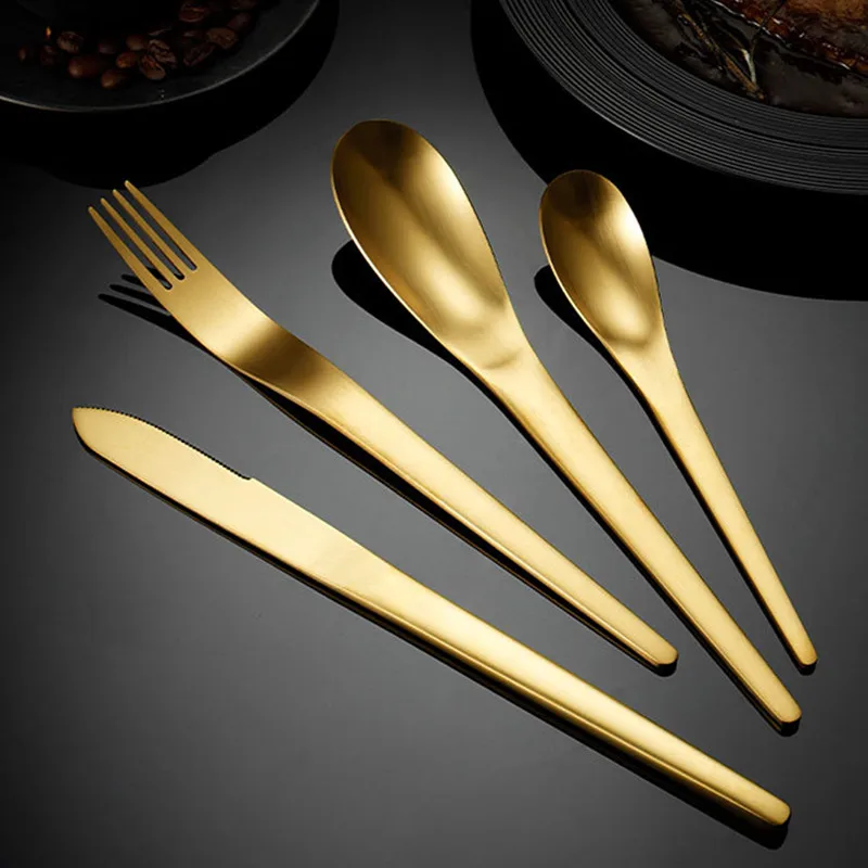 

New Creative 304 Stainless Steel Cutlery Set Luxury Gold Tableware Matte Spoons Steak Knife Fork Dinnerware Set Kitchen Utensils