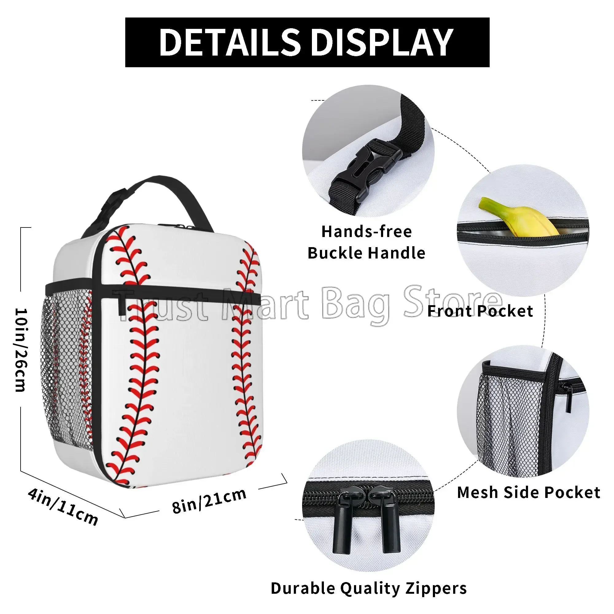 Red Stitching Baseball Sport Insulated Lunch Bag Reusable Thermal Lunch Box Portable Cooler Bento Tote Bags for Women Men Kids