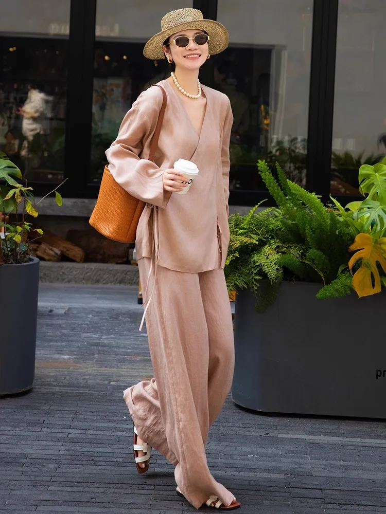 Ele Ladylike Khaki Long Sve irt Hose mit weitem Bein Zweiteiliges Set Frühherbst Chinesisches Sle High End Faion Damen Ens...