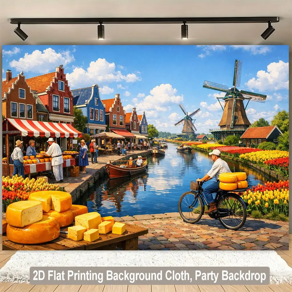 Large Decorative Dutch Windmill Canal Panorama Tapestry Wall Hanging Art Backdrop Canvas Print Netherlands Europe Style Home Dec