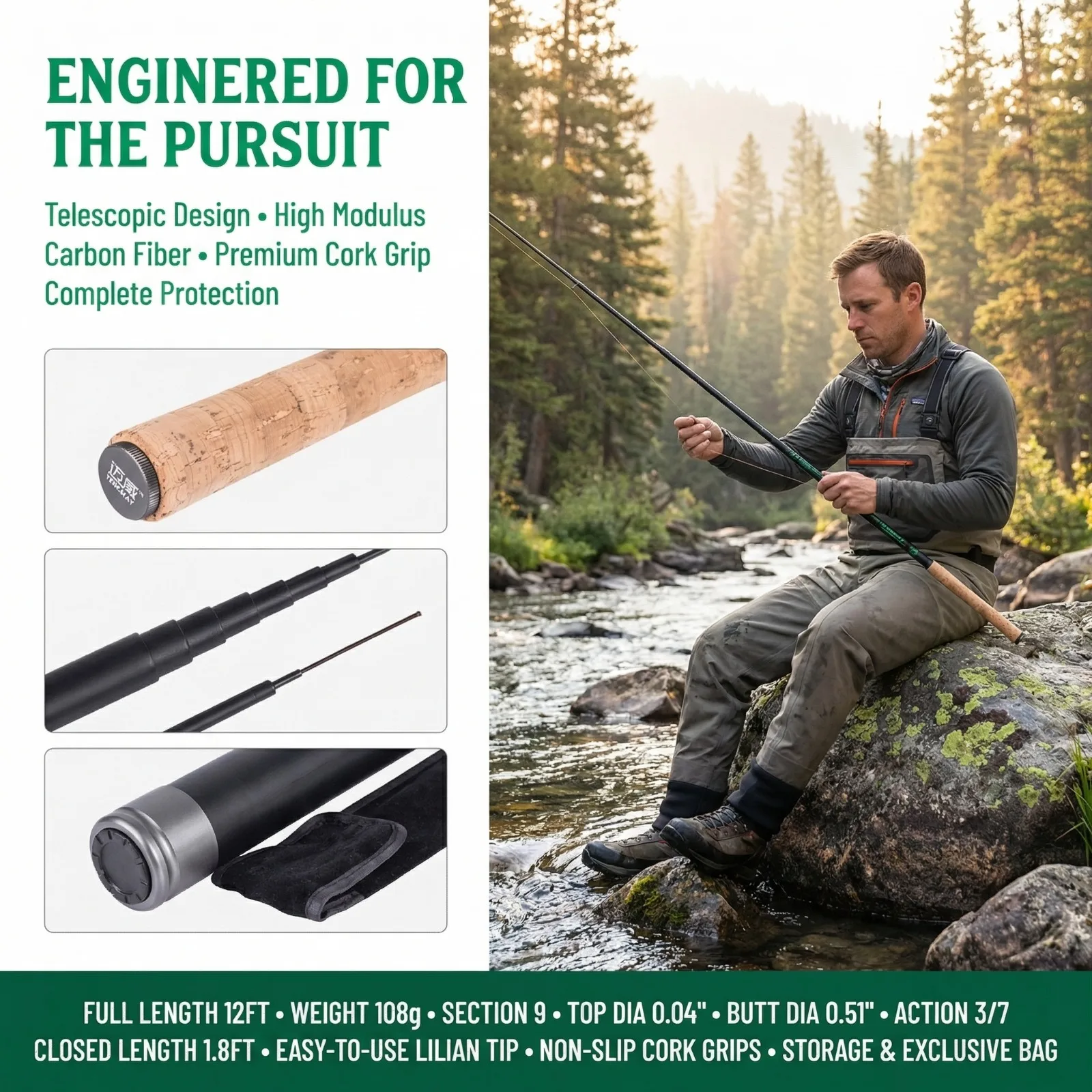 Caña Tenkara Goture 3.6m Fibra Carbono – Acción 3/7 para Trucha