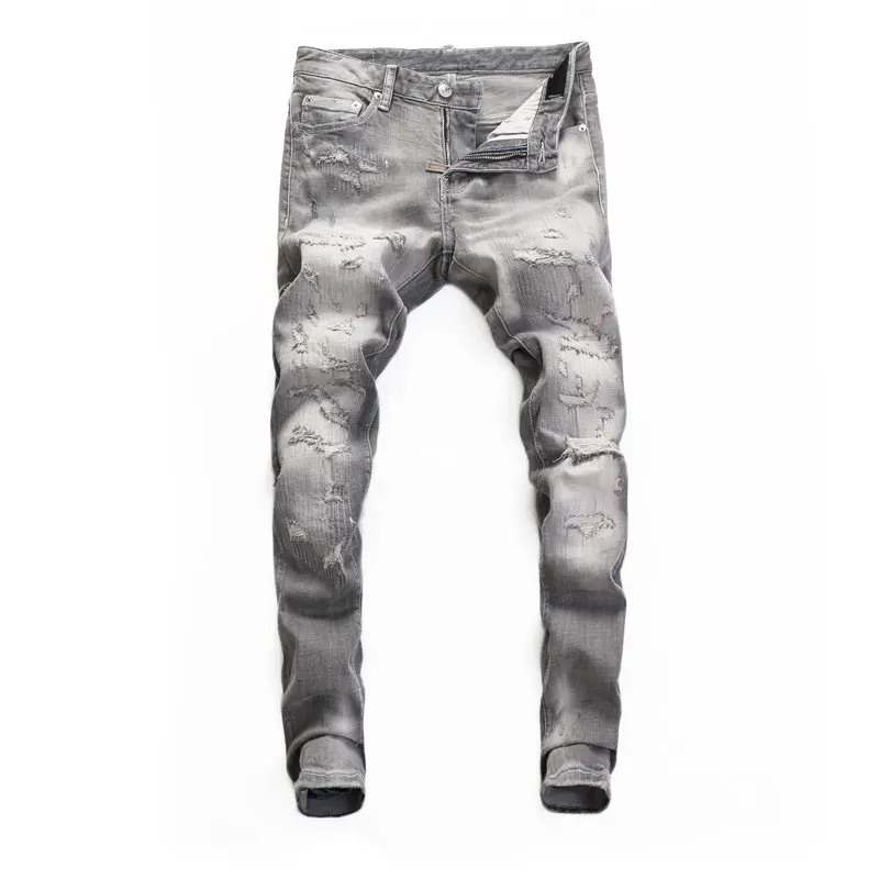 Men Light Grey Washed Whisker Multi‑Scratch Ripped Stretch Skinny Denim Jeans Retro Hip‑Hop Streetwear Denim Jeans