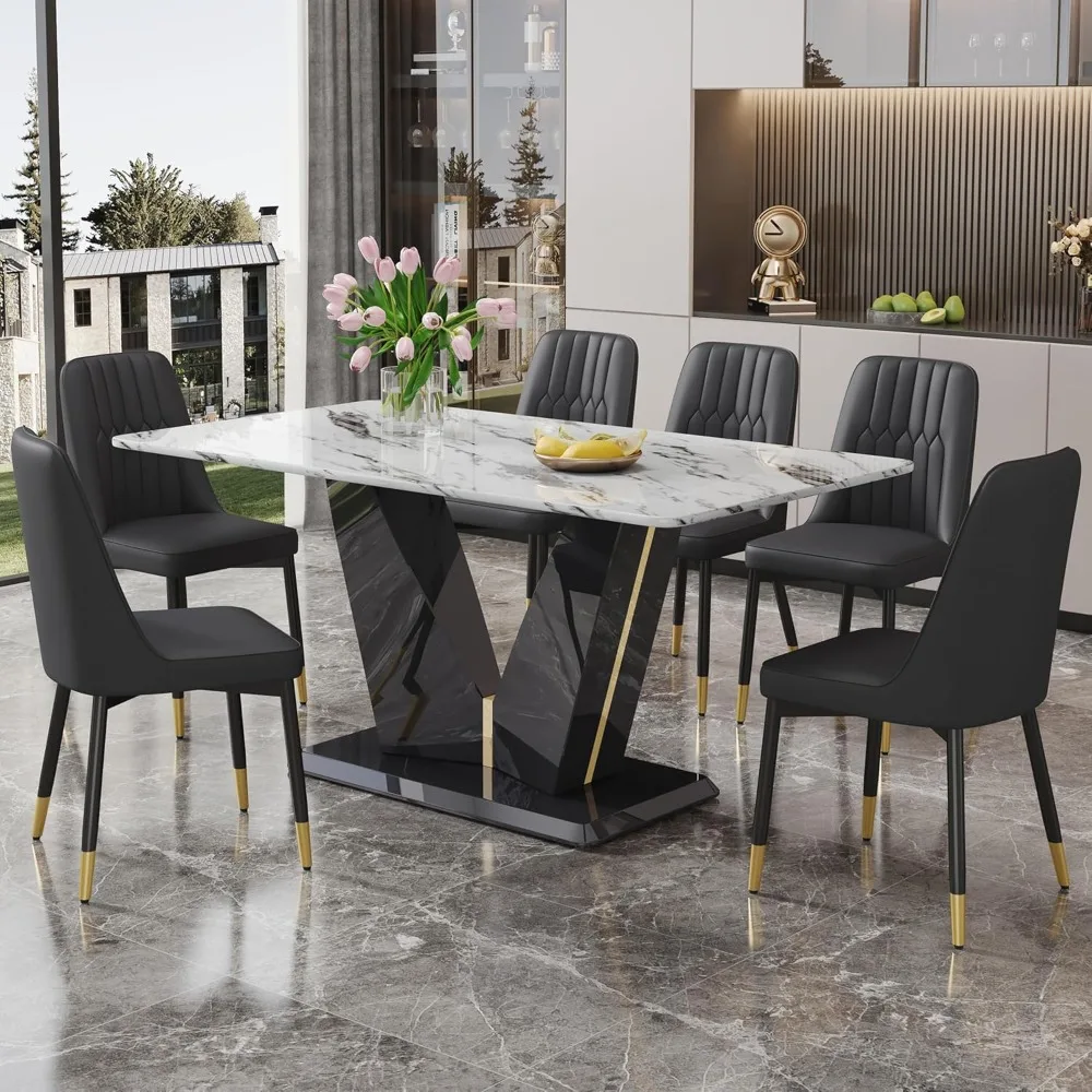 

63" Modern Dining Room Table and Chairs Set of 6 White Marble Dining Table with MDF Base 6PU Leather Metal(1Table+6Black Chairs)