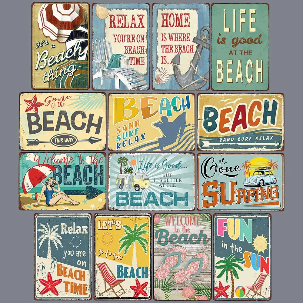 Beach Vintage Tin Signs Plate Retro Summer Posters Wall Plaque Decor Seaside Bar House Room Iron Painting 20x30cm