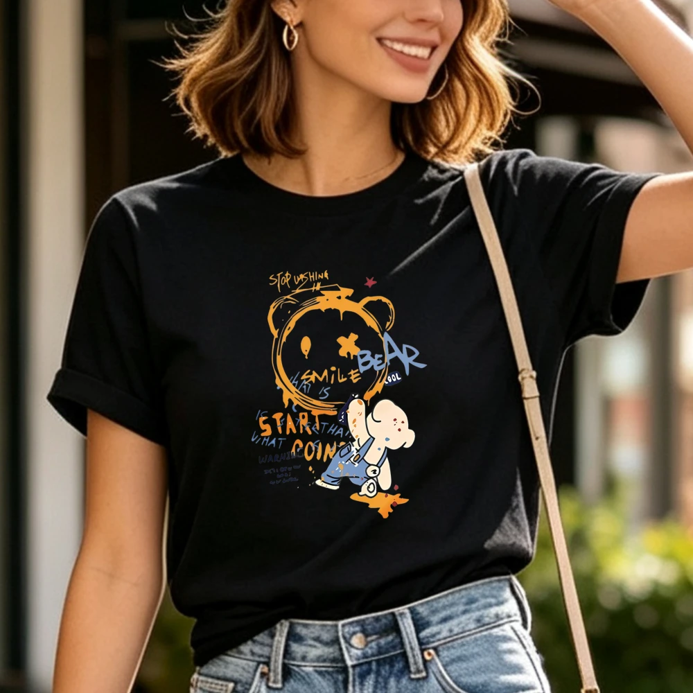 Smile Bear Graffiti T Shirt Unisex Hip Hop Streetwear Cartoon Bear Graphic Tees Men Women Short Sleeve O Neck Casual Cotton Tops