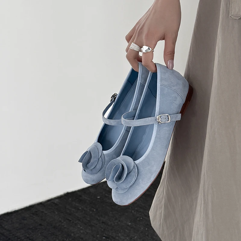 

Pumps Women Genuine Leather Round Toe Floral Applique Single Buckle Shallow Mary Jane Style Ballet Dressy Shoes