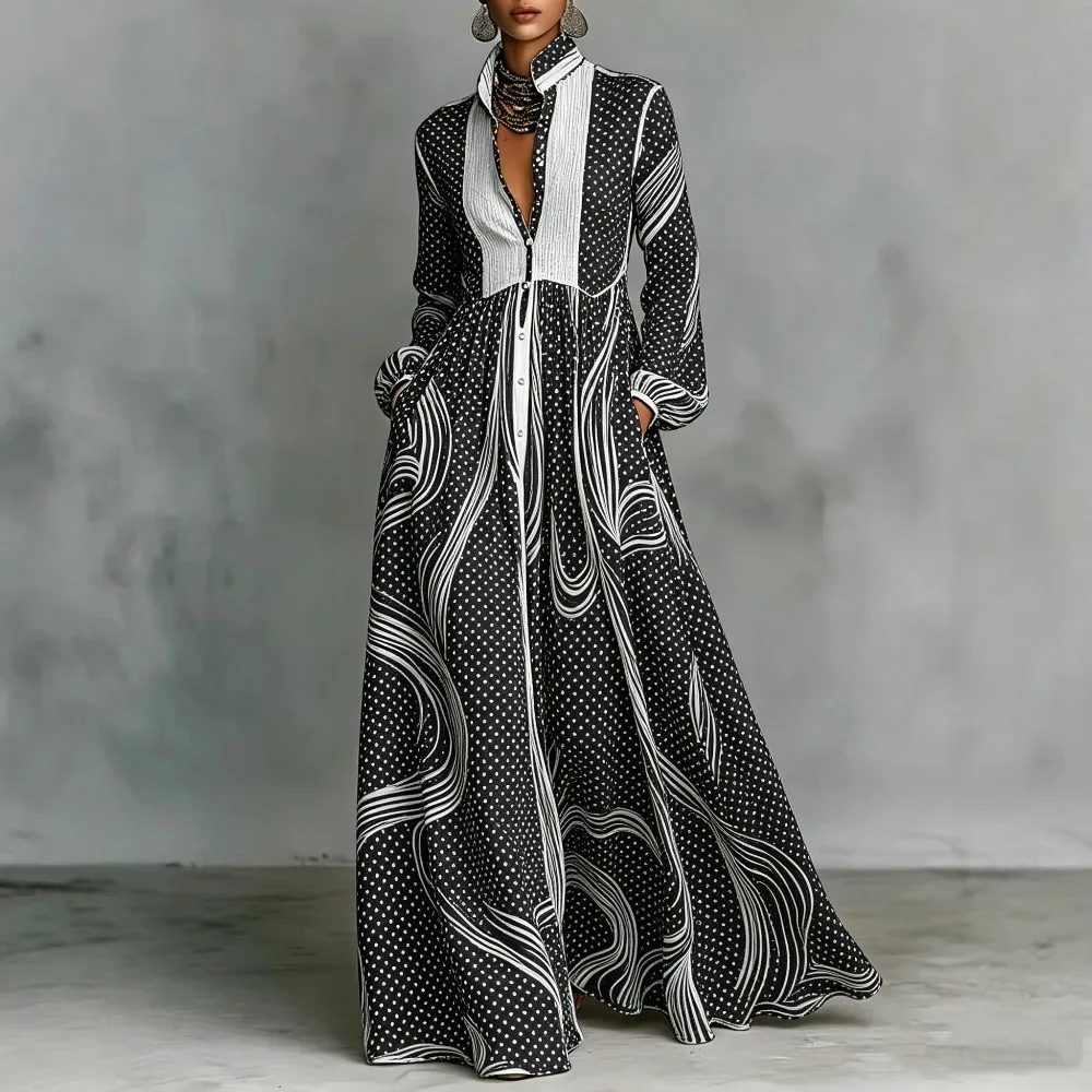 

Women's Boho Black White High Waist Casual Polka Dot and Stripe Print Long Sleeve Maxi Dress Buttoned Elegant Party Outfit