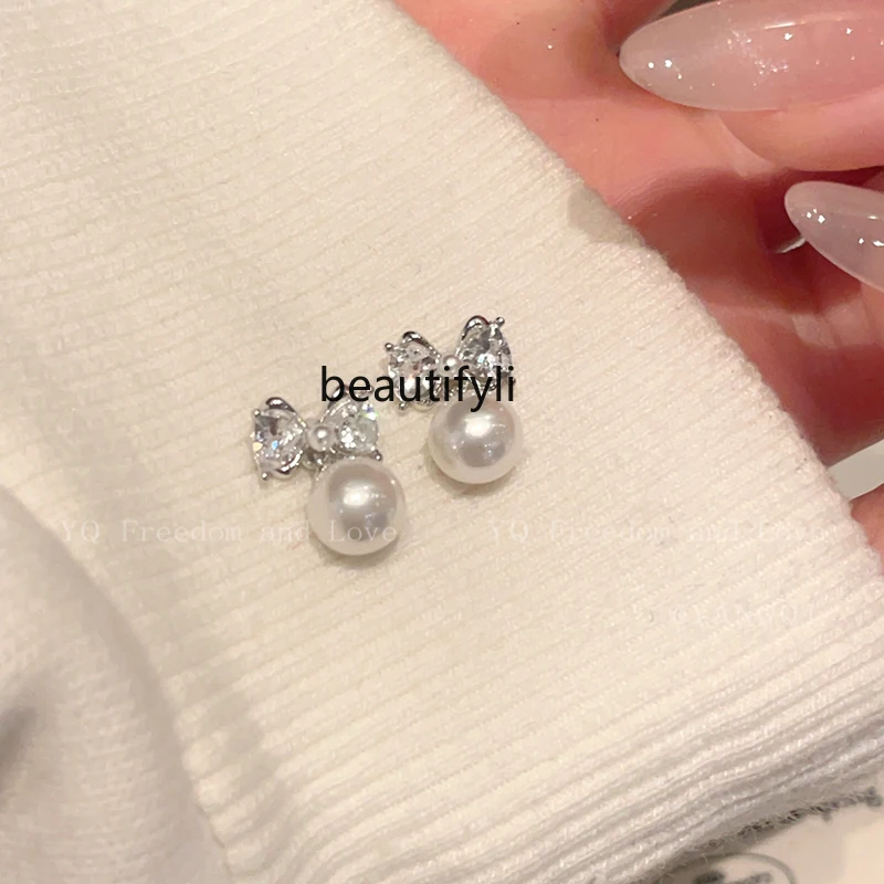 Bowknot Pearl Stud Earrings for Women Graceful Earrings Special Interest Light Luxury High-Grade Earless Earring Ear Clip