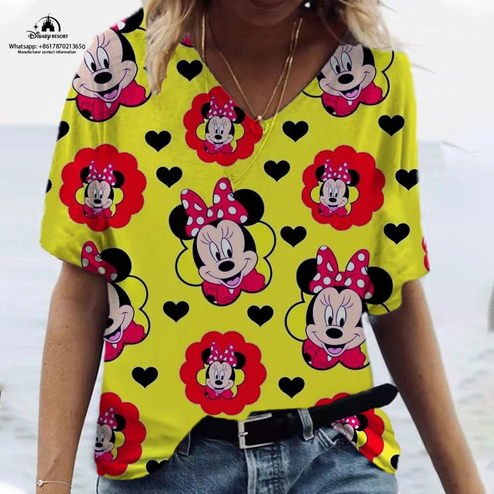 

Street Harajuku New Summer Mickey and Minnie Printed V-Neck Short Sleeve T-Shirt 2024 Women's Fashion Casual Tops y2k