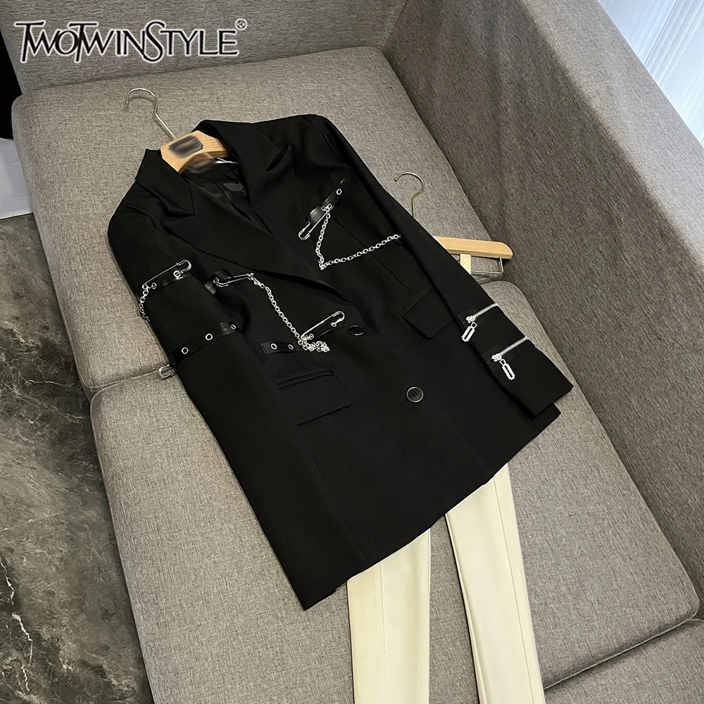 

TWOTWINSTYLE Design Sense однотонные пиджаки для женщин с лацканами и длинными рукавами, металлические темпераментные куртки, женская мода KJA550746