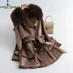 Women's Genuine Leather Rabbit Fur Coat, Lamb Fur Collar Overcoat, Female Clothes,Double Breasted, High Quality, New,Winter