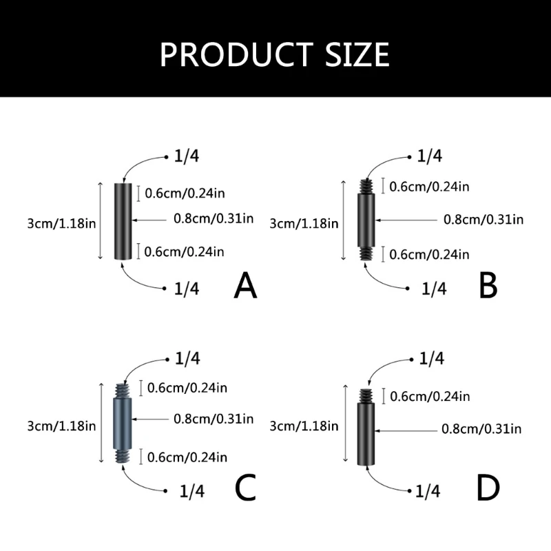 ก้านต่อขยายโลหะที่ทนทานสำหรับขาตั้งกล้องและตัวยึดกล้องพร้อมส่วนต่อการถ่ายภาพเกลียวตัวผู้และตัวเมียขนาด 1/4 นิ้ว