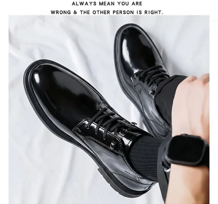 Glänzend schwarze Schnürstiefeletten für Herren, hohe Schafthöhe, dicke Sohle, modische, lässige Business-Herrenschuhe – Detail 11