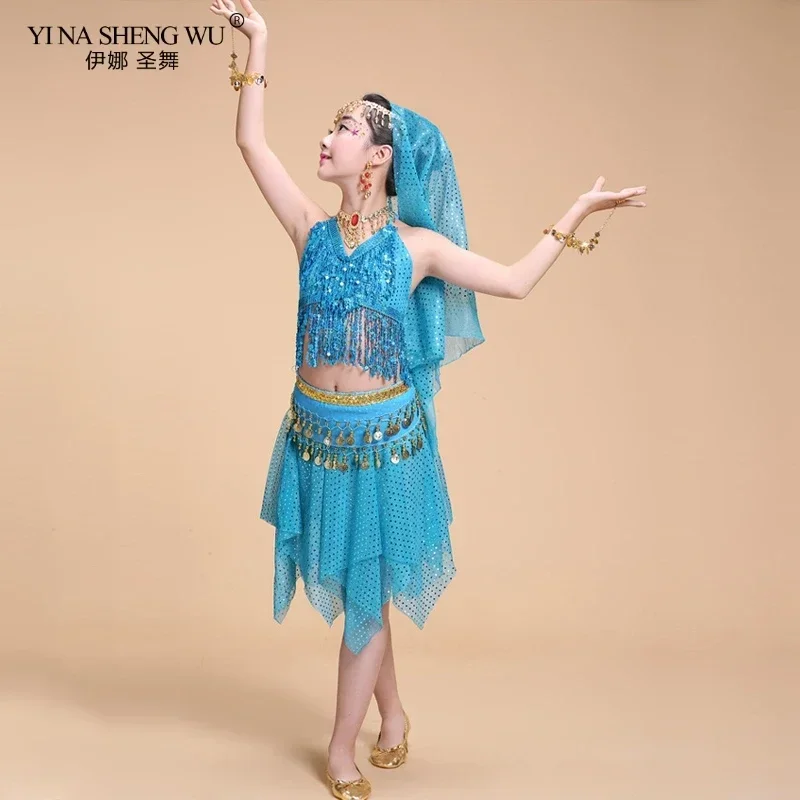 Crianças trajes de dança do ventre 2 pçs conjunto dança oriental menina dança do ventre índia bollywood roupas topo e saia para meninas dança wear