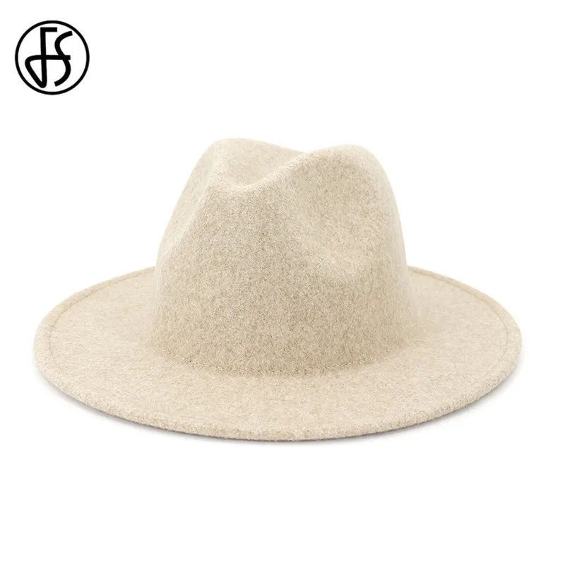 FS Beige White Wool Jazz Hat Women Men Felt Snap Brim Hats Trilby Ladies Vintage Wool Panama Fedora Cloche Cap