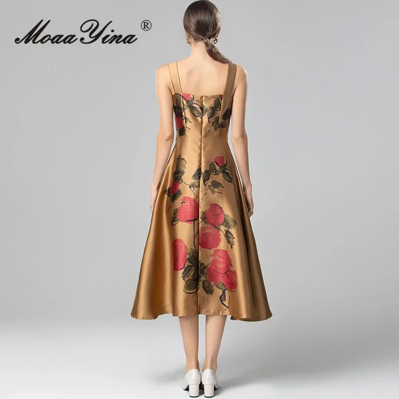 MoaaYina Autumn New Style fashionable Dress Women Spaghetti Strap Backless Rose Print Square-Neck A-Line Dresses