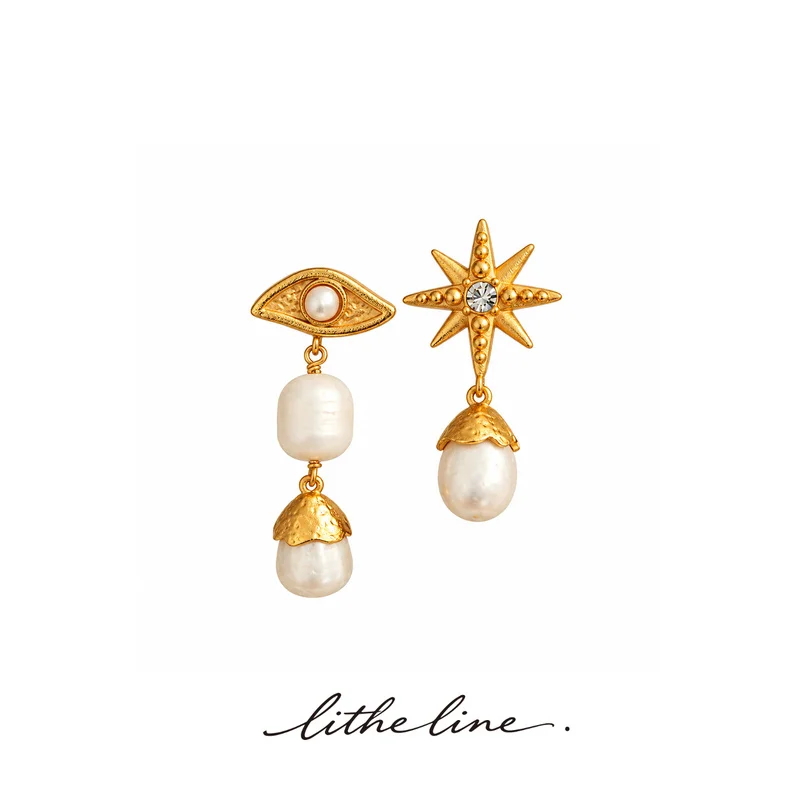 Vintage Asymmetric Earrings Evil Eye Star Baroque Pearl 18K Real Gold Plated Unique Designer Luxury Dainty Drop Ear Jewelry gift