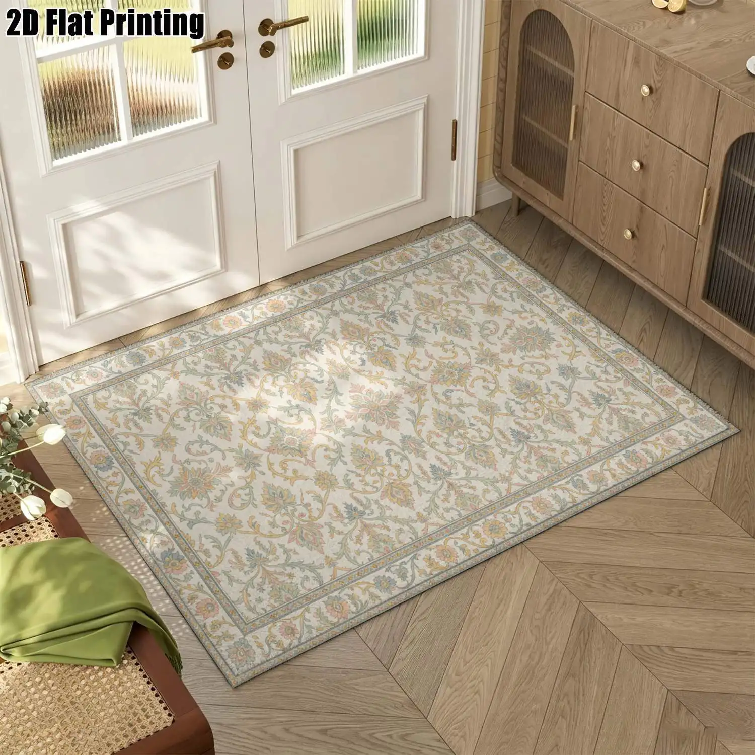 1Pc 2D Printed Carpet: Light Brown Retro Scrolling Flower Pattern, European Style, Multi-Size, Machine Washable, Suitable for Entrance/Dining Room/Bedroom/Study/Living Room, Home Decor