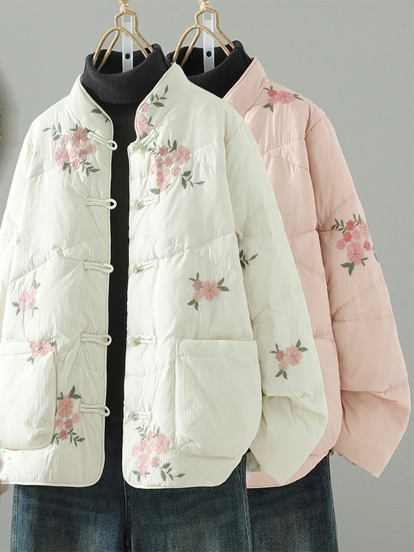 

Женское хлопковое пальто с вышивкой Ele, легкое хлопковое пальто в стиле ретро на пуговицах, винтажное длинное пальто свободного покроя для поездок на работу...