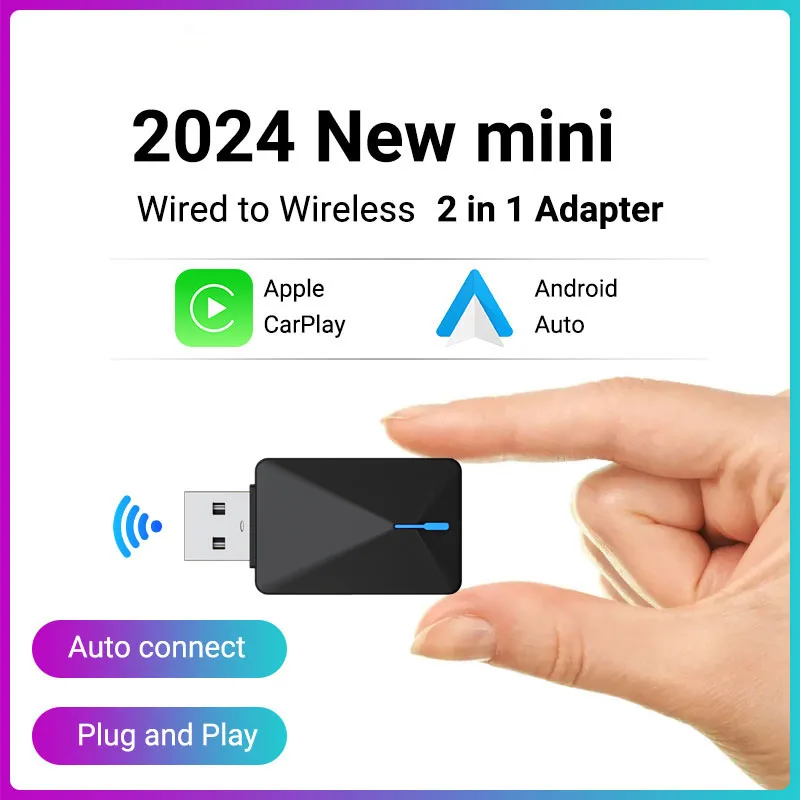 2in1 Mini Wired to Wireless CarPlay and Android Auto AI Box 5GHz WiFi5 Transmission Speed Plug and Play Fashionable and Portable