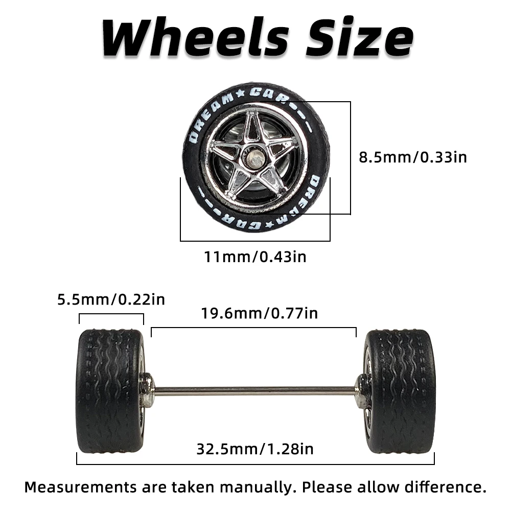 1/64 Scale Model Car Wheels Tires Set Rubber Tire Five Star Rim Replacement Parts for Model DIY Modification Accessories 10.8mm