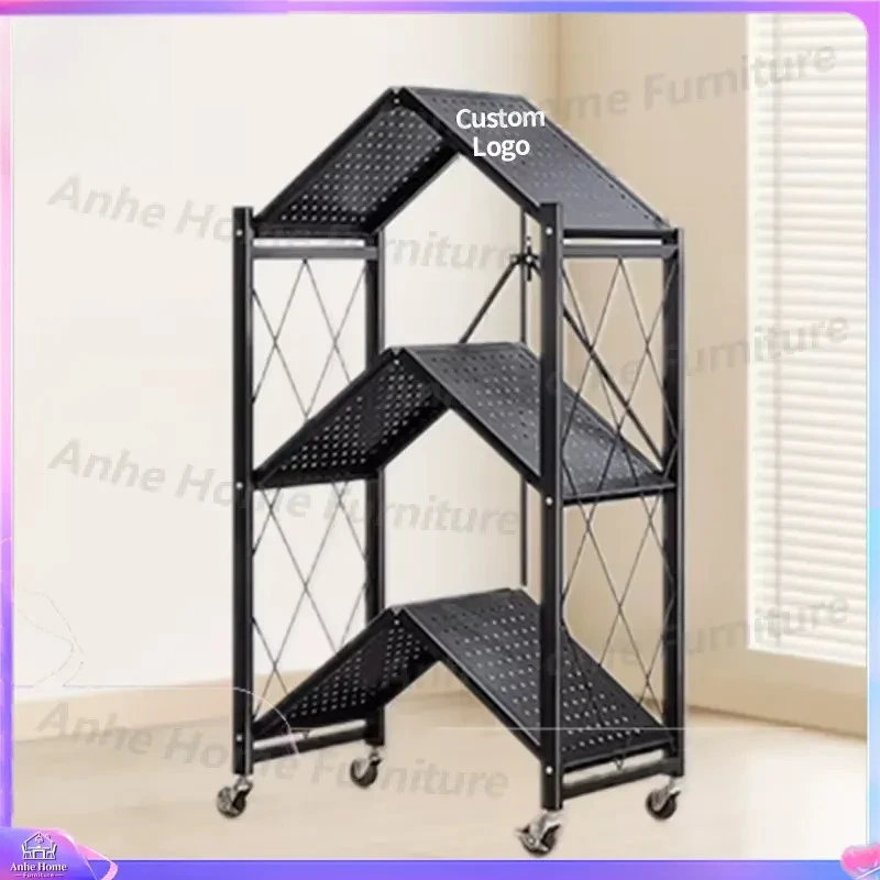 Custom Vertical Bookshelf Black Powder Coated Metal Iron 5 Tier Foldable Storage Rack for Kitchen Home Office Wall Mount