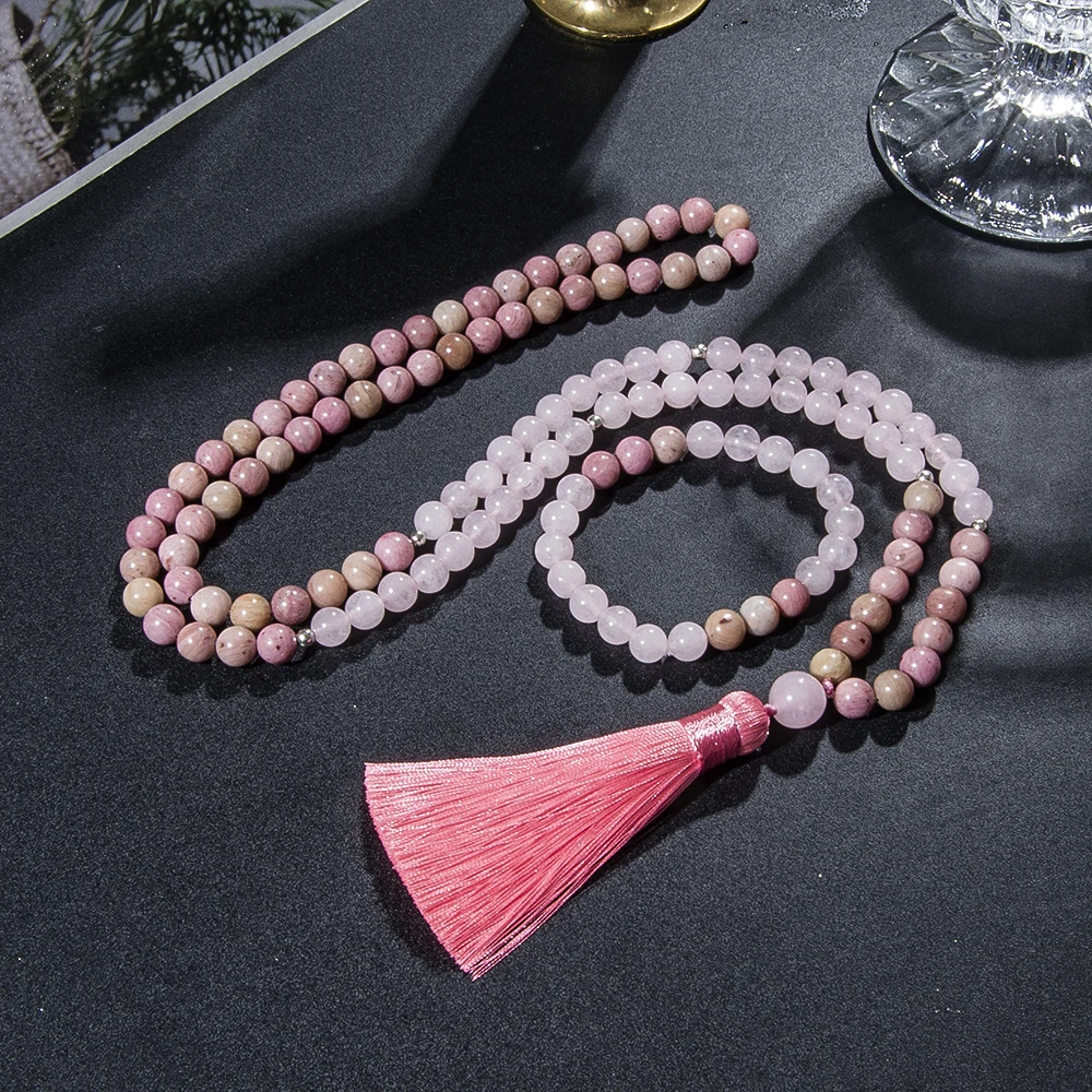 

8mm Natural Rhodolite Rose Quartz 108 Mala Beads Necklace for Men and Women Meditation Yoga Prayer Japamala Jewelry Set