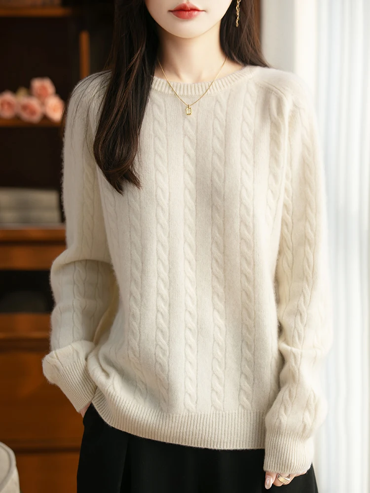 سترة تريكو من صوف ميرينو 100% بلوفر نسائي برقبة دائرية للخريف والشتاء من الصوف الخالص بأكمام طويلة ملابس شعبية مريحة