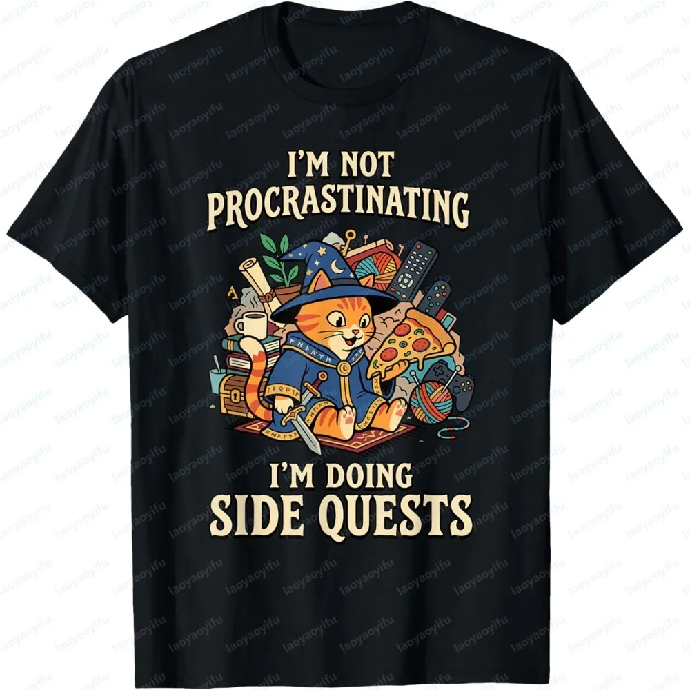 Fashion Men T-shirt Wizard Cat Side Quests Short Sleeve Summer Casual Tee Humor Slogan Print Design Breathable Fashion Tops