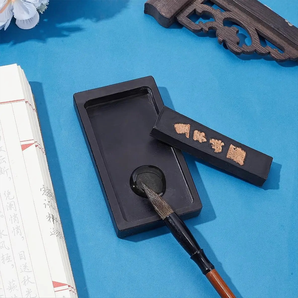 A24I Chinese Calligraphy Ink Stone with Ink Stick, Traditional Chinese Ink Stones Ink-Well Dish Sumi Ink Stone Tray