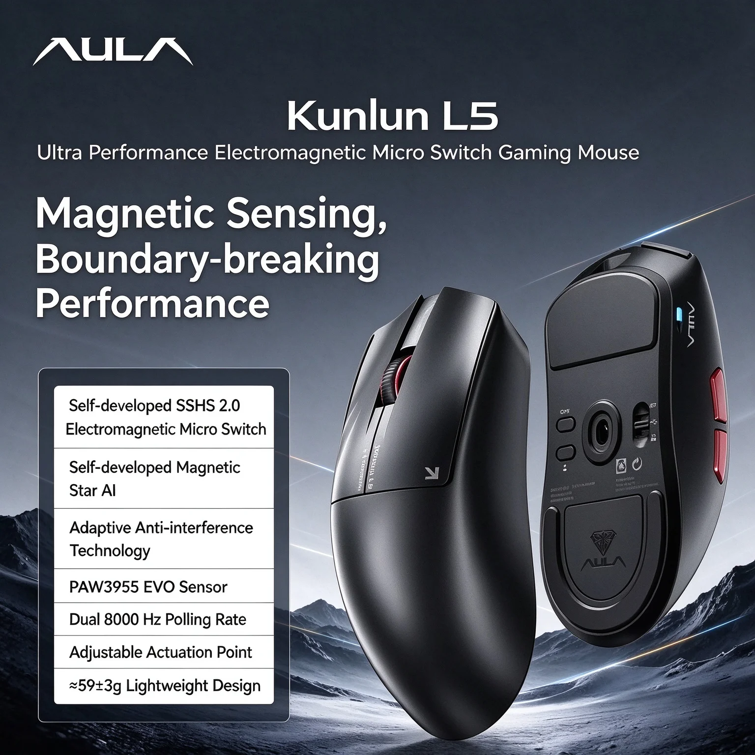 AULA Kunlun L5 Wireless Gaming Mouse Customized PAW3955EVO Third Mode SSHS2.0 Electromagnetic Micro Double 8k Lightweight Mouse
