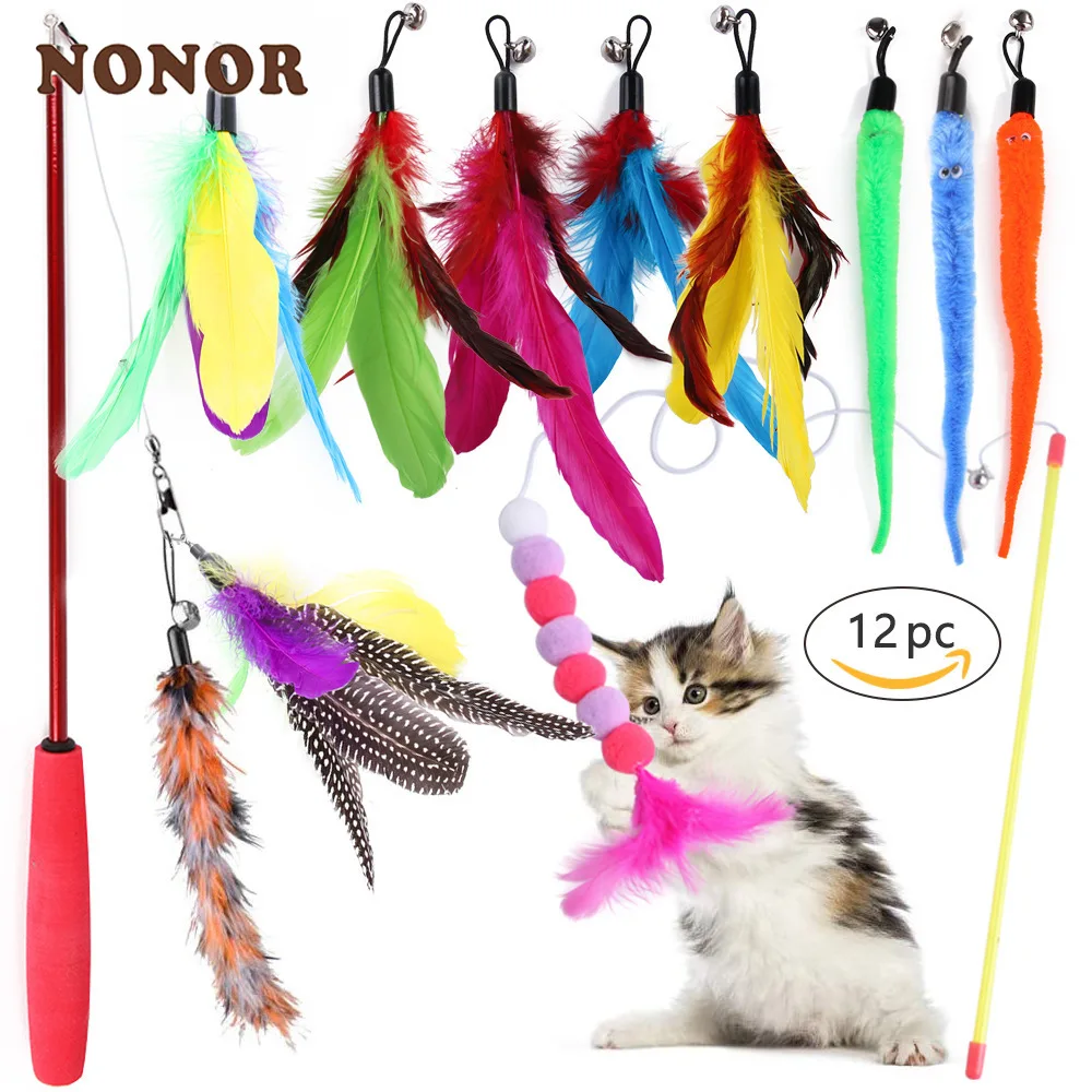 NONOR Cat Toys Set Feather Teaser Wand Toy Kitten Teaser Refills Mouse Shape Balls Shapes Playing Without the Stick