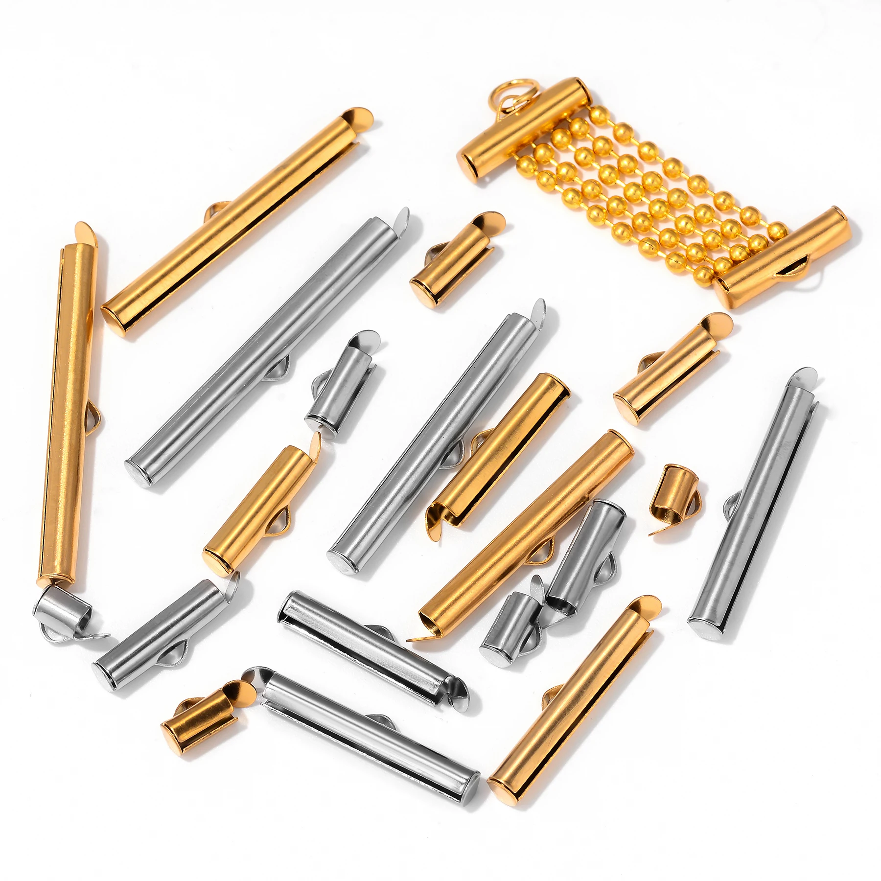 8pcs Stainless Steel Gold Plated Crimp End Beads Slide Chain Clasp Tube Slider Connector for DIY Bracelet Crafts Jewelry Making view 6