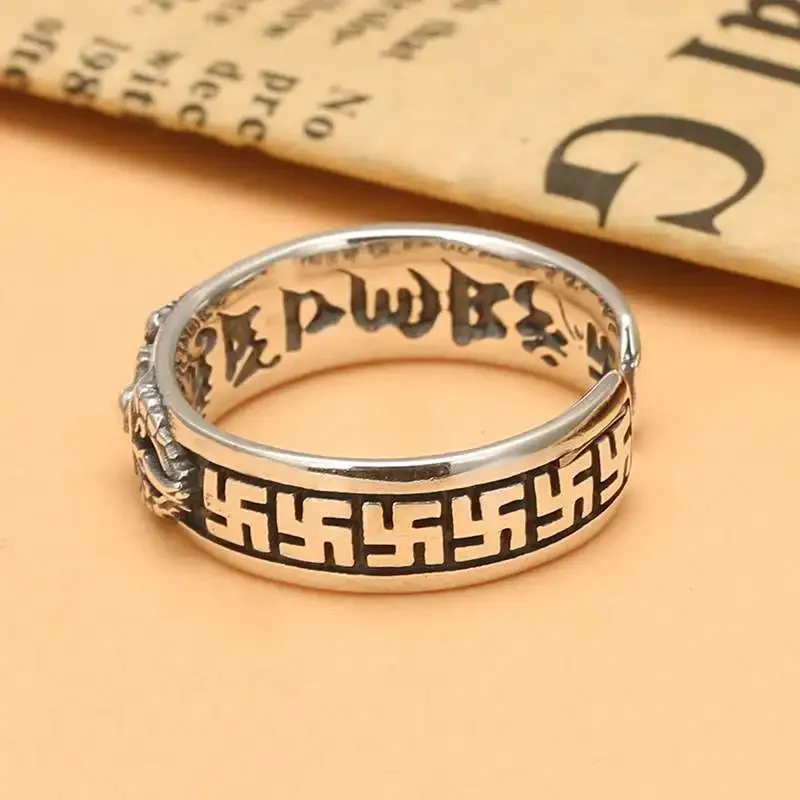 Chiba Vajra Thai Silver Female Retro Six Word Word Swastika Index Finger Cool Handsome Ring Fashion Male Tail Ring