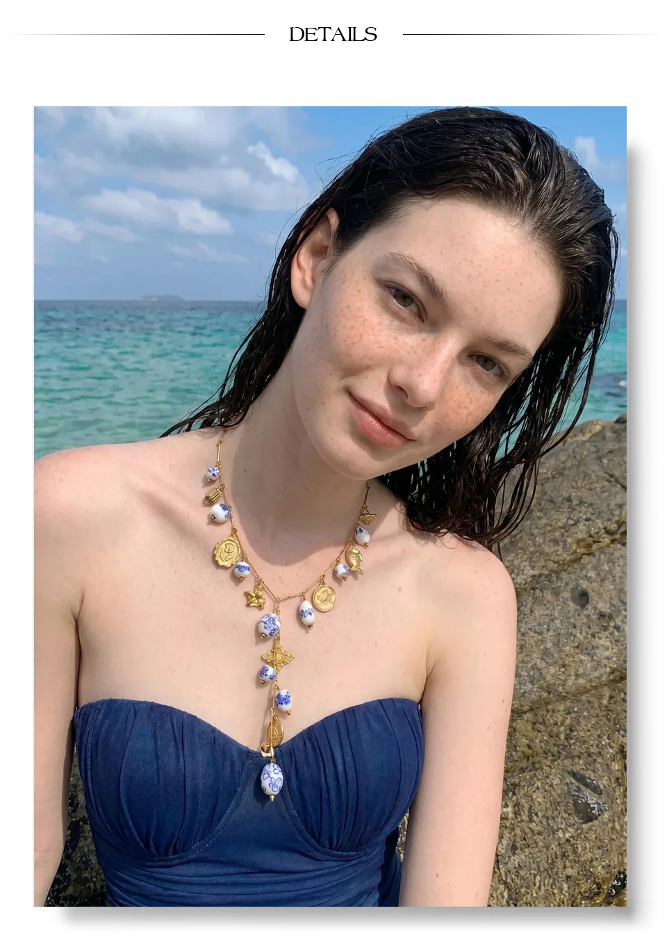 Yhpup Edelstahl-Keramik-Blumenherz-Anhänger Lange Halskette Exklusiver Stil Handgefertigte Perlen Sommer-Trend PVD-Schmuck – Detail 5