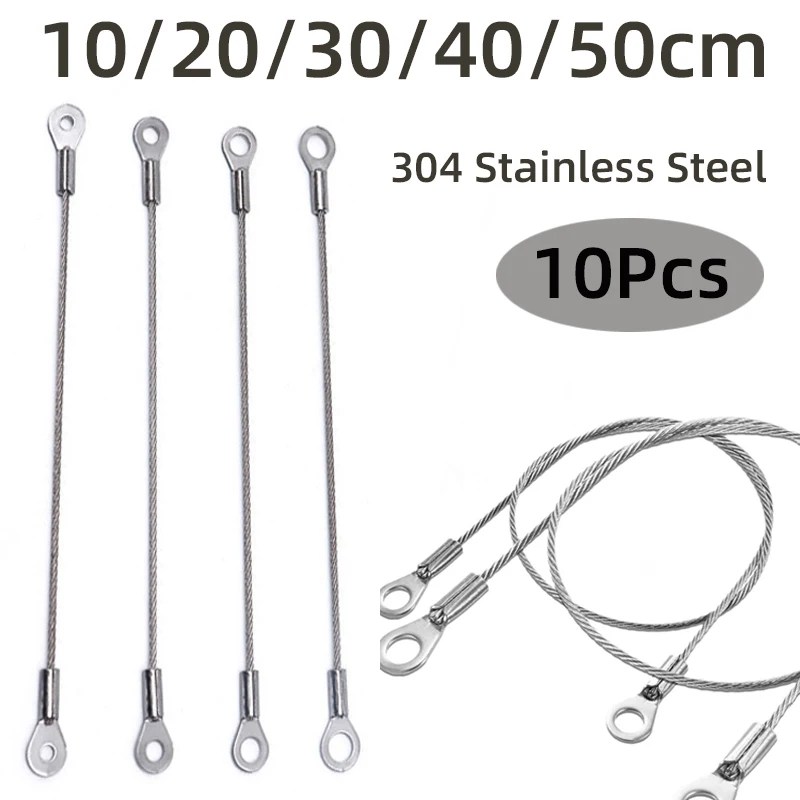สายเคเบิลนิรภัยสแตนเลสขนาด 1.5 มม. 10 ชิ้น พร้อมห่วง, สายรัดลวดสลิงสำหรับงานหนักเพื่อป้องกันการตกและเชื่อมต่ออุปกรณ์